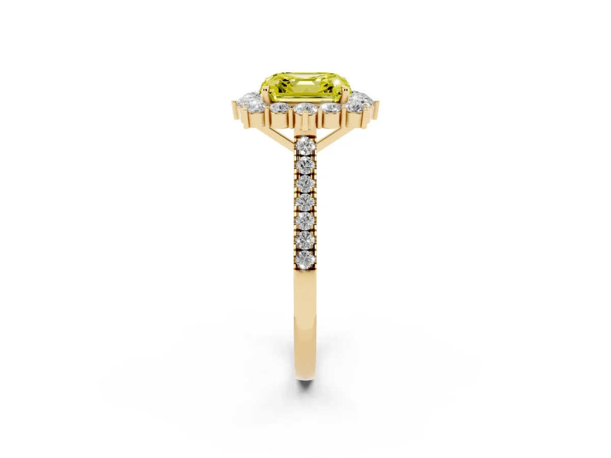 Fancy Yellow Asscher Cut Halo Diamond Ring with Pavé Band and Prong Setting Yellow gold