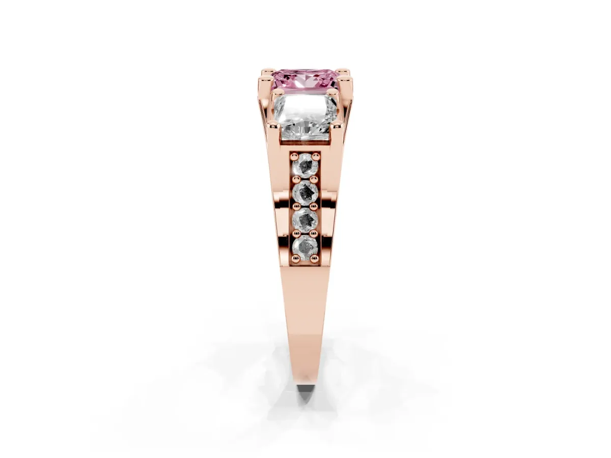 Fancy Pink Princess Cut Diamond Three-Stone Ring with Channel Set Band and Four-Prong Setting Rose gold