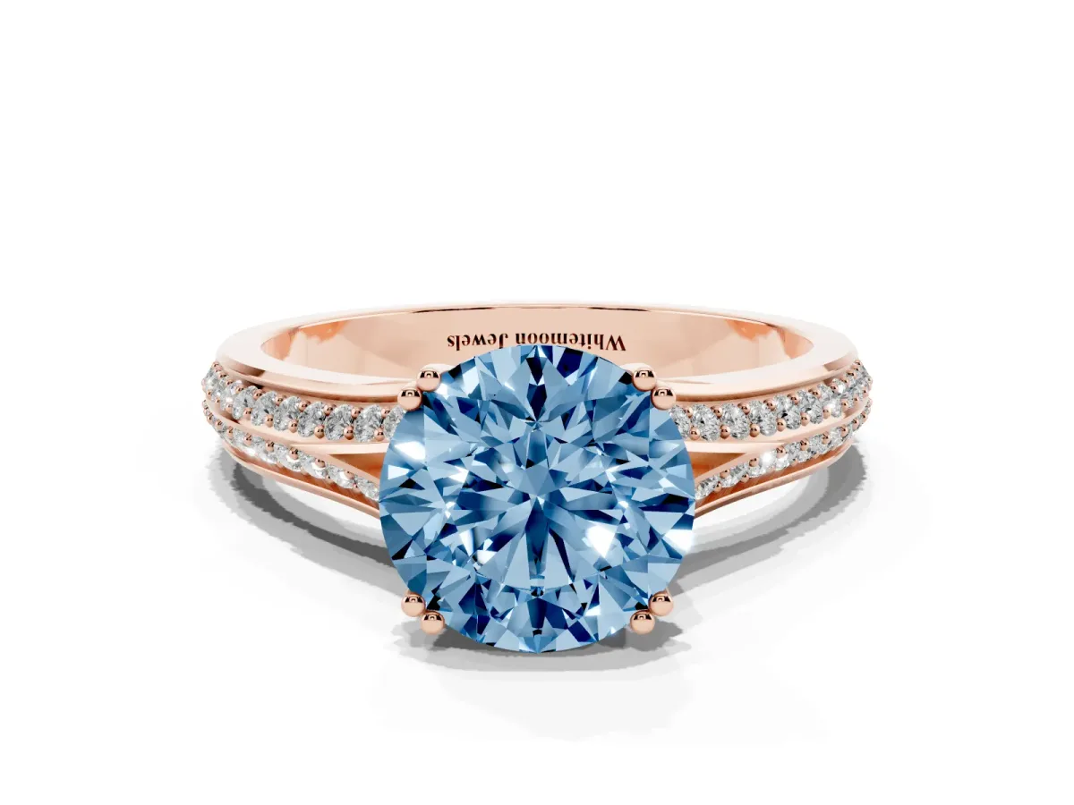 Fancy Blue Round Cut Diamond Split Shank Engagement Ring with Pavé Band Rose gold