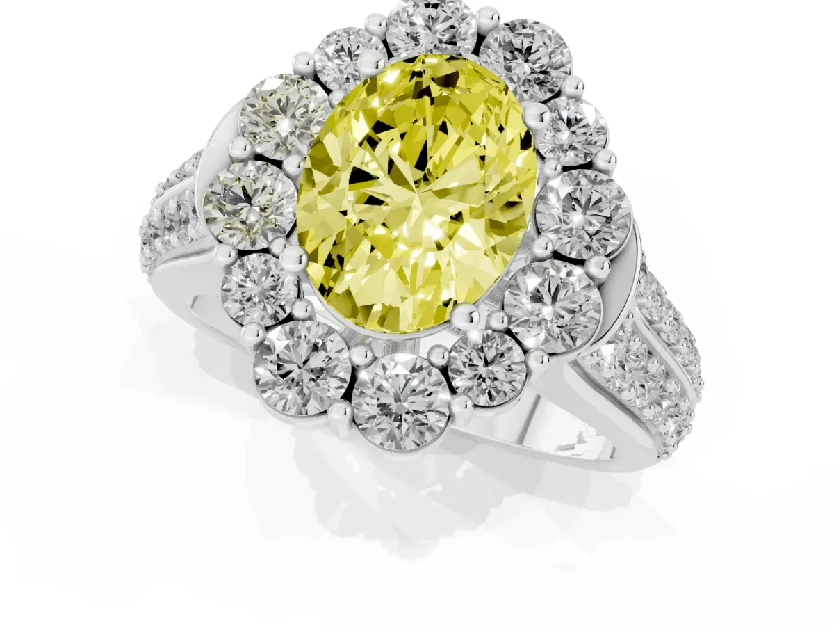Fancy Yellow Oval Cut Halo Diamond Engagement Ring with Split Shank and Prong Setting Silver