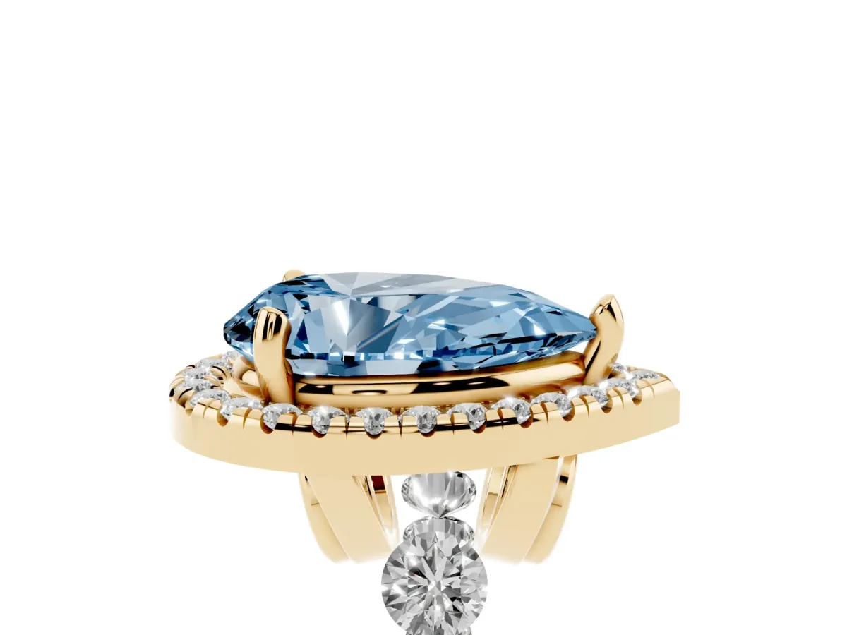 Fancy Blue Pear Cut Halo Pavé Diamond Engagement Ring with Four-Prong Setting Yellow gold