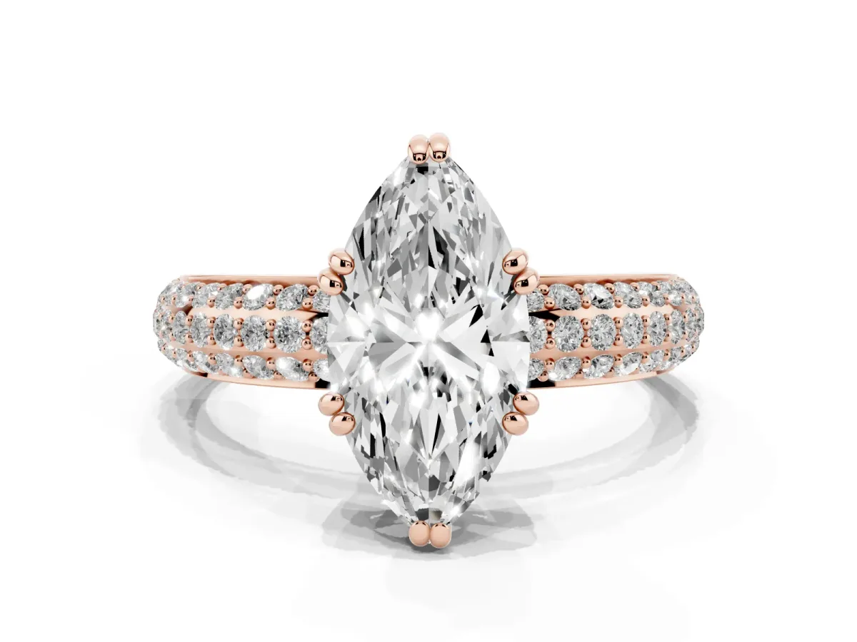 Marquise Cut Diamond Solitaire Ring with Multi-Row Round Pavé Band and Prong Setting Rose gold