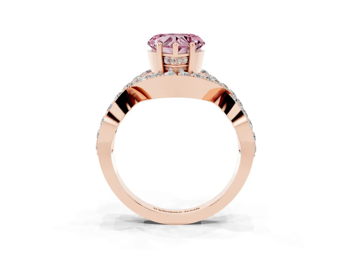 Fancy Pink Heart Cut Solitaire Twist Band Pavé Diamond Engagement Ring Rose gold
