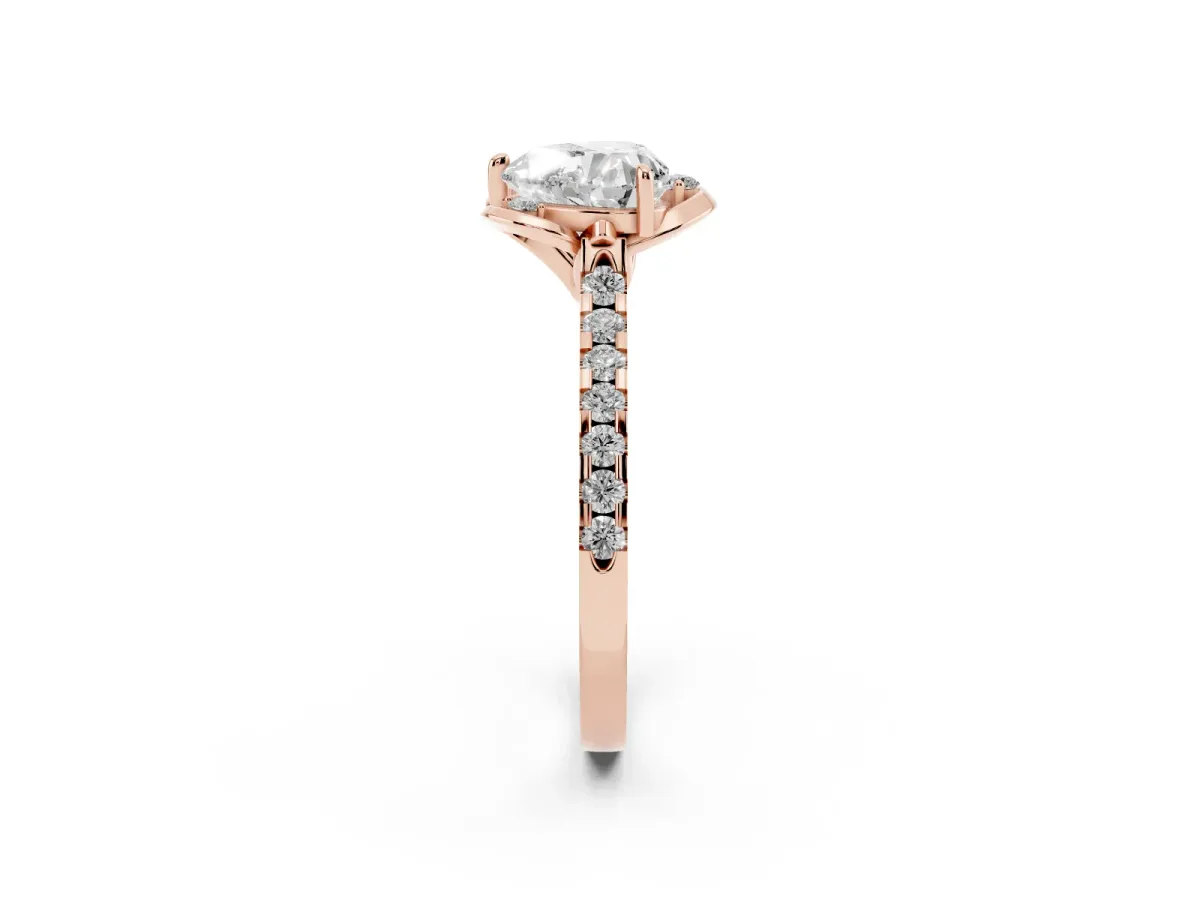 Heart Cut Diamond Ring with Pavé Band and Floral Prong Setting Rose gold
