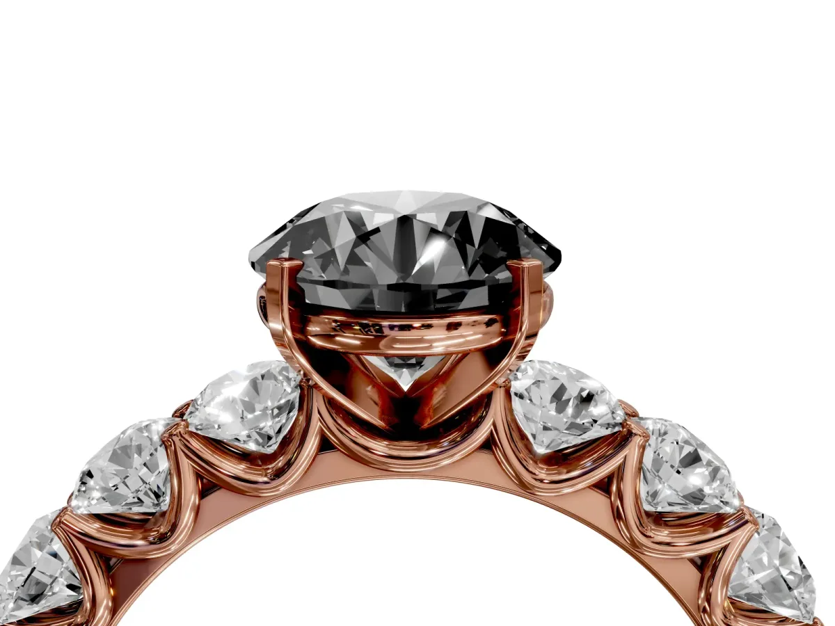Fancy Black Round Cut Diamond Prong Setting with Side Stones on a Pave Band Rose gold