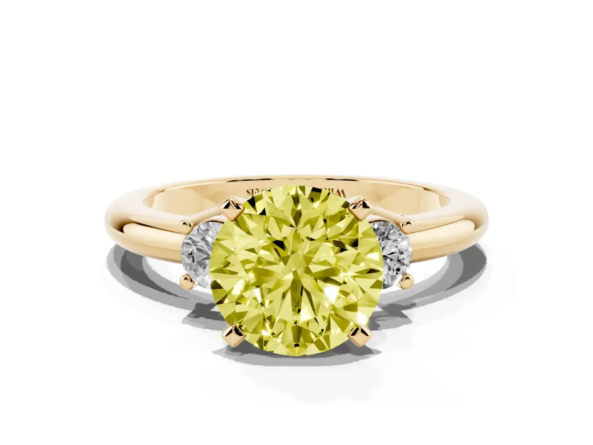 Fancy Yellow Three-Stone Round Cut Cut Diamond Solitaire with Prong Setting and Classic Band Yellow gold