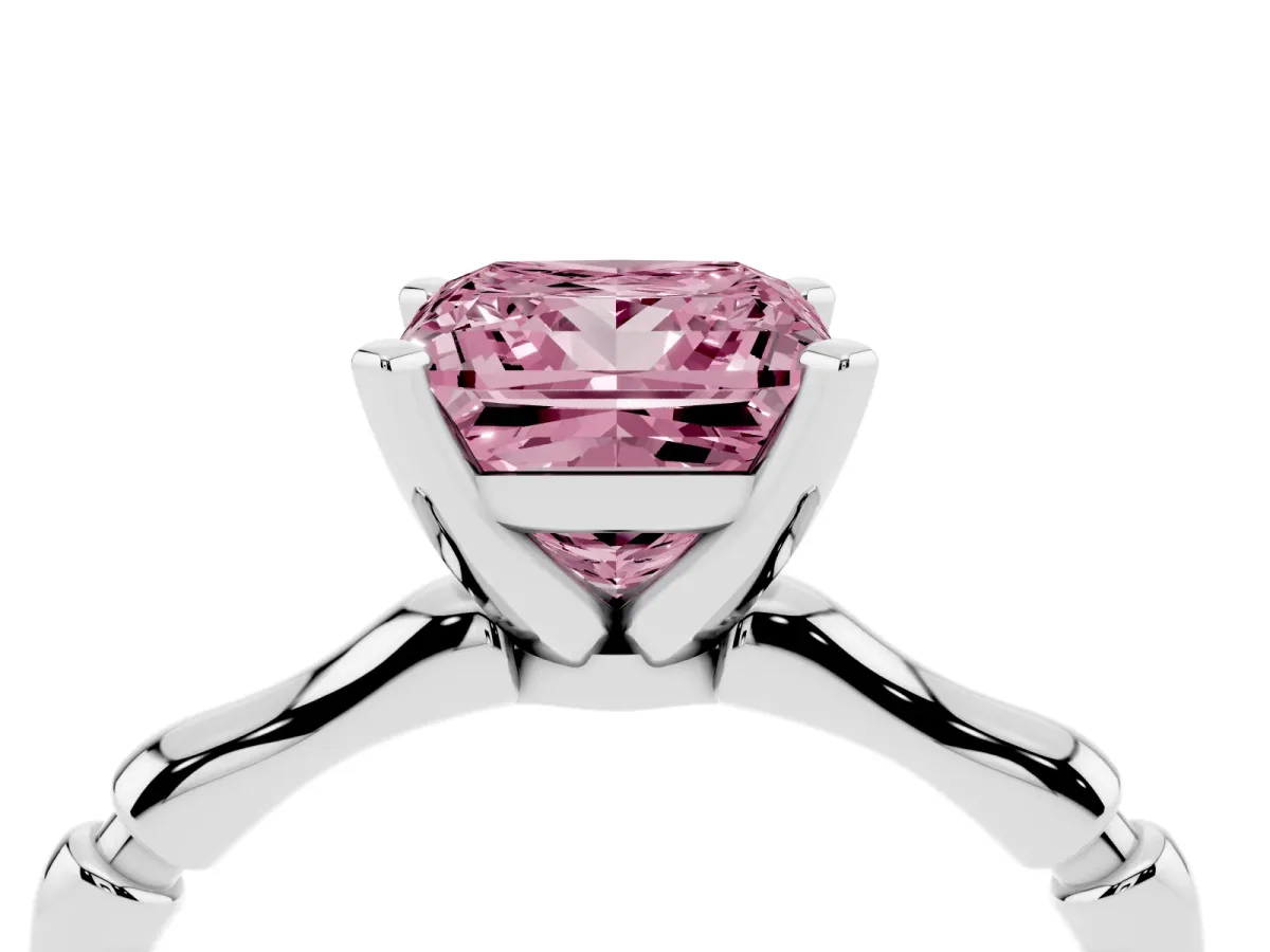 Fancy Pink Princess Cut Solitaire Diamond Ring with Bamboo Band and Four-Prong Setting Silver