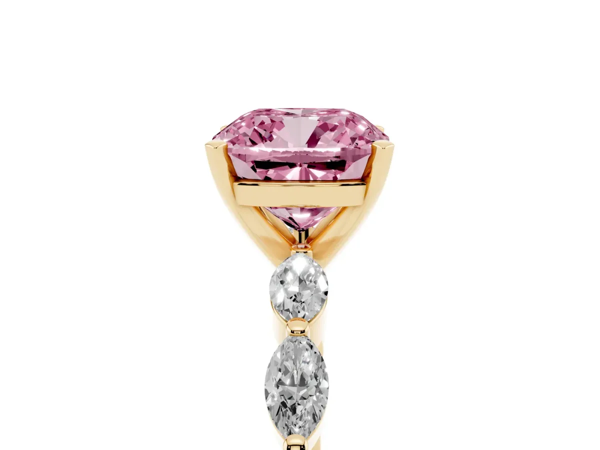 Fancy Pink Cushion Cut Diamond Ring with Marquise Side Stones and Prong Setting Yellow gold