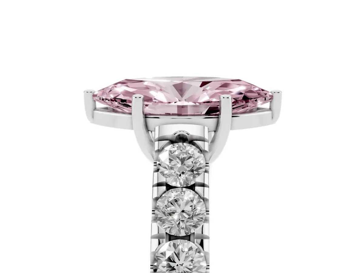 Fancy Pink Marquise Cut Cut Diamond Solitaire Ring with Micro Pave Band and Prong Setting Silver