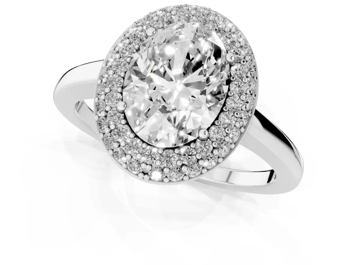 Oval Cut Halo Diamond Engagement Ring with Solitaire Band and Four-Prong Setting Silver