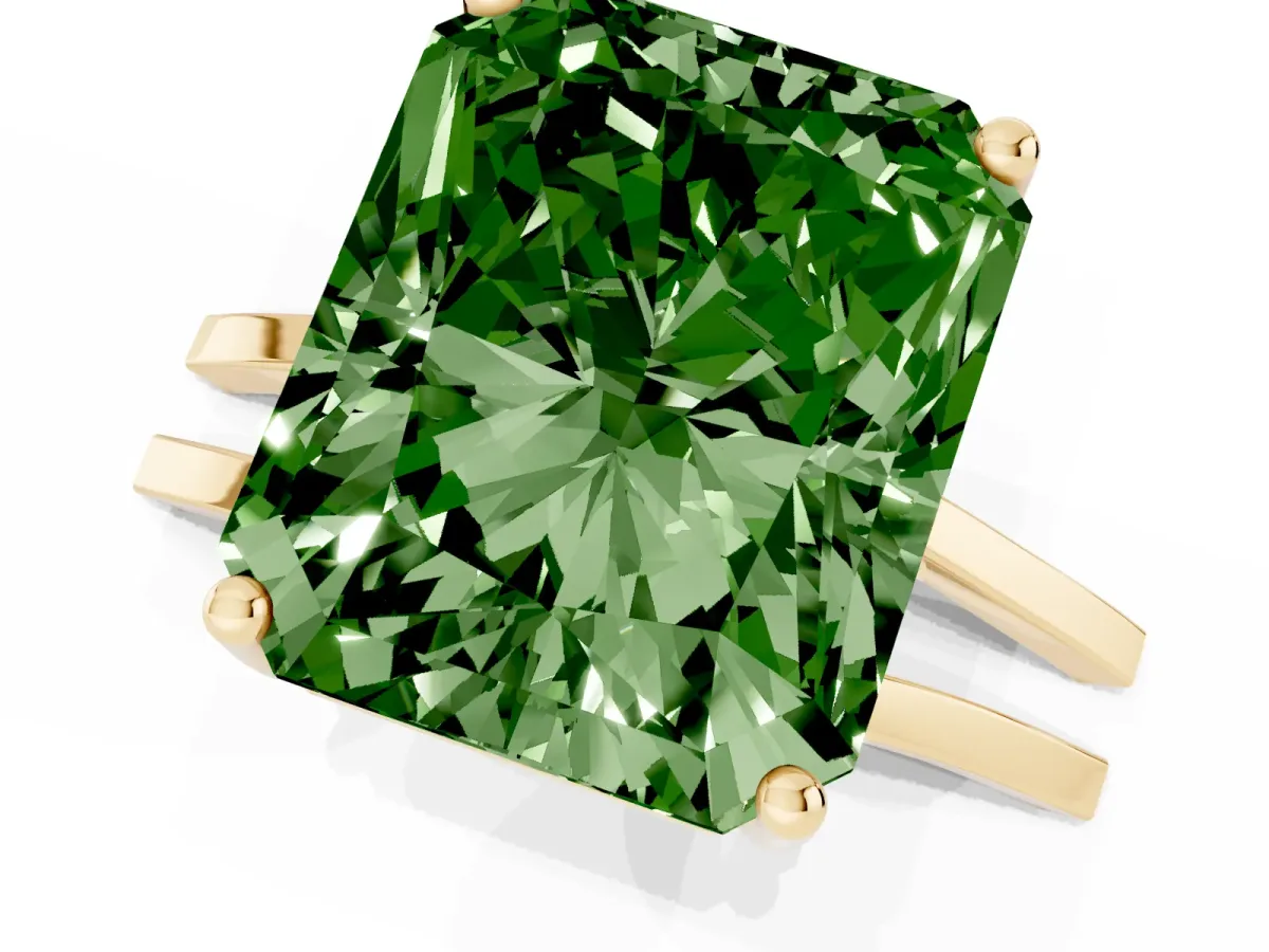 Fancy Green Radiant Cut Cut Diamond Solitaire Engagement Ring with Tapered Plain Band and Four-Prong Setting Yellow gold