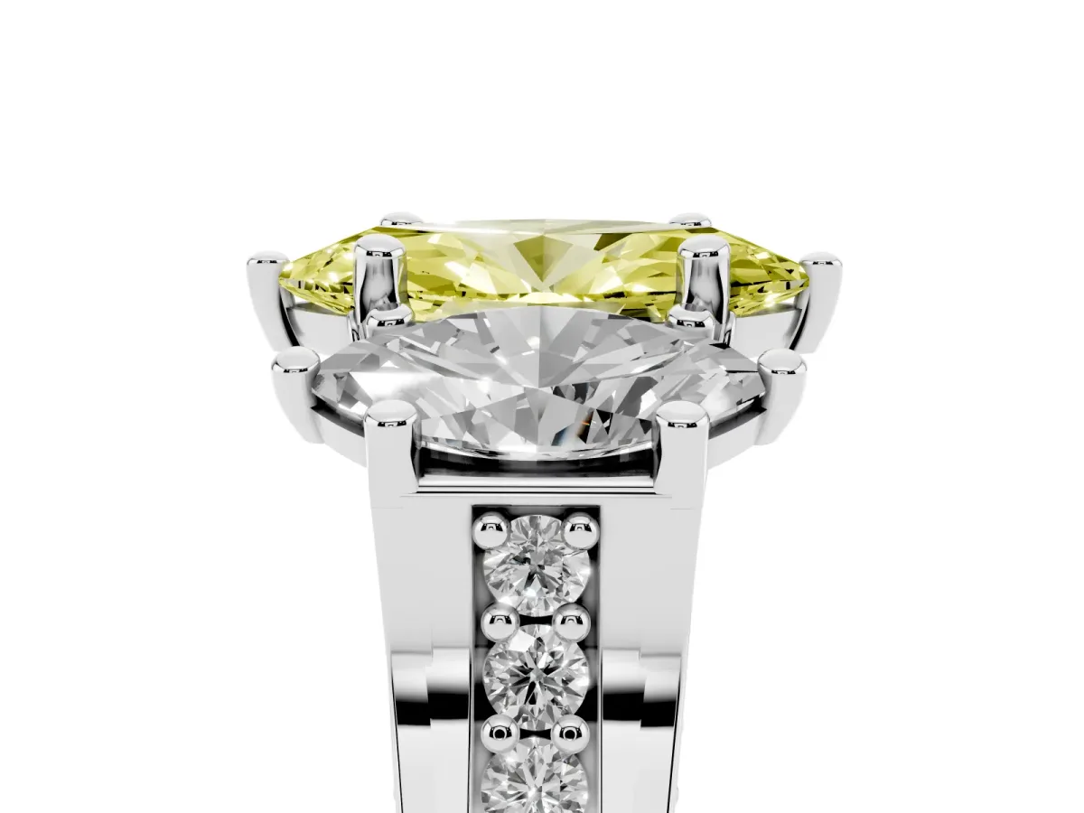 Fancy Yellow Marquise Cut Diamond Three-Stone Ring with Channel Set Band and Four-Prong Setting Silver