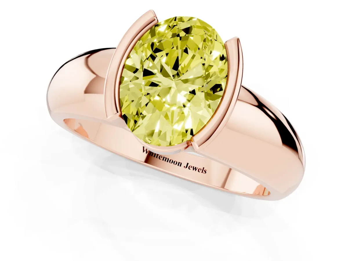 Fancy Yellow Oval Cut Solitaire Tension Set Diamond Ring with Wide Band Rose gold