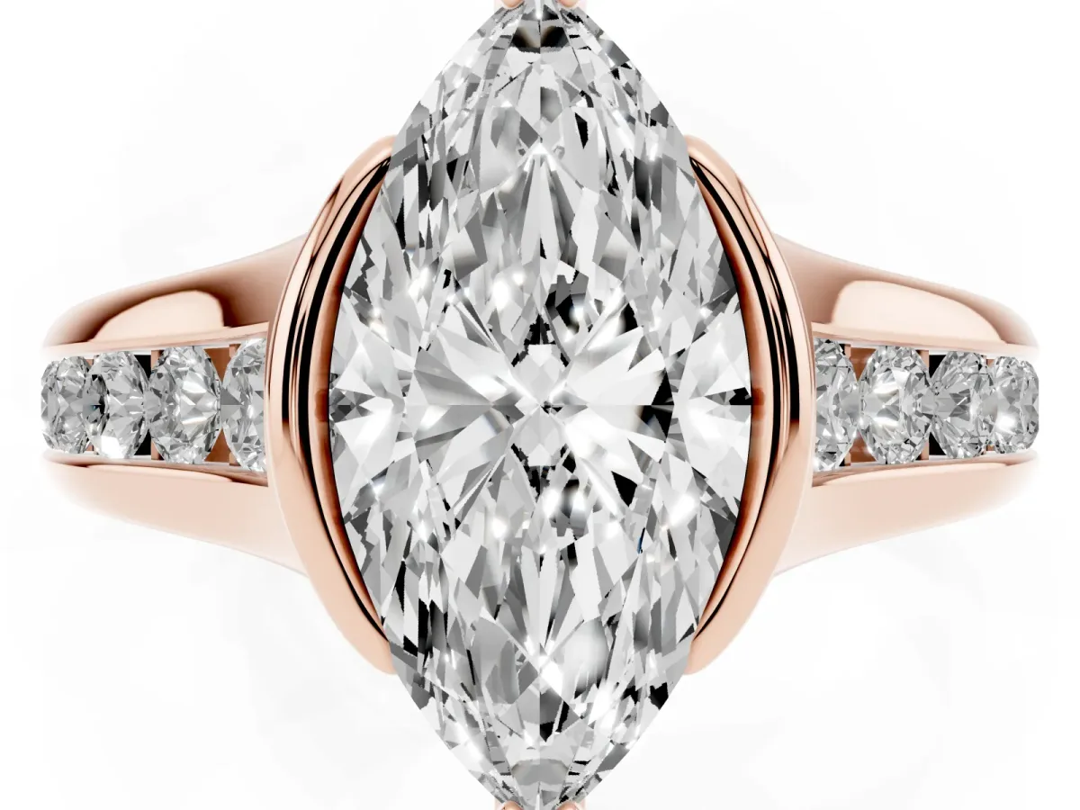 Marquise Cut Solitaire Bezel-Set Diamond Ring with Channel-Set Band Rose gold