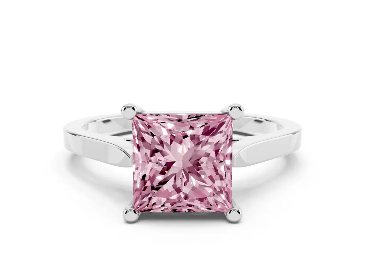 Fancy Pink Princess Cut Solitaire Diamond Ring with Four-Prong Setting and Tapered Band Silver