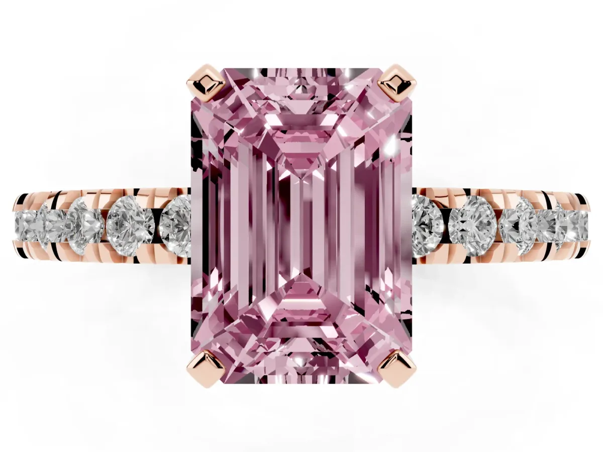 Fancy Pink Emerald Cut Diamond Pavé Band Solitaire with Four-Prong Setting Rose gold