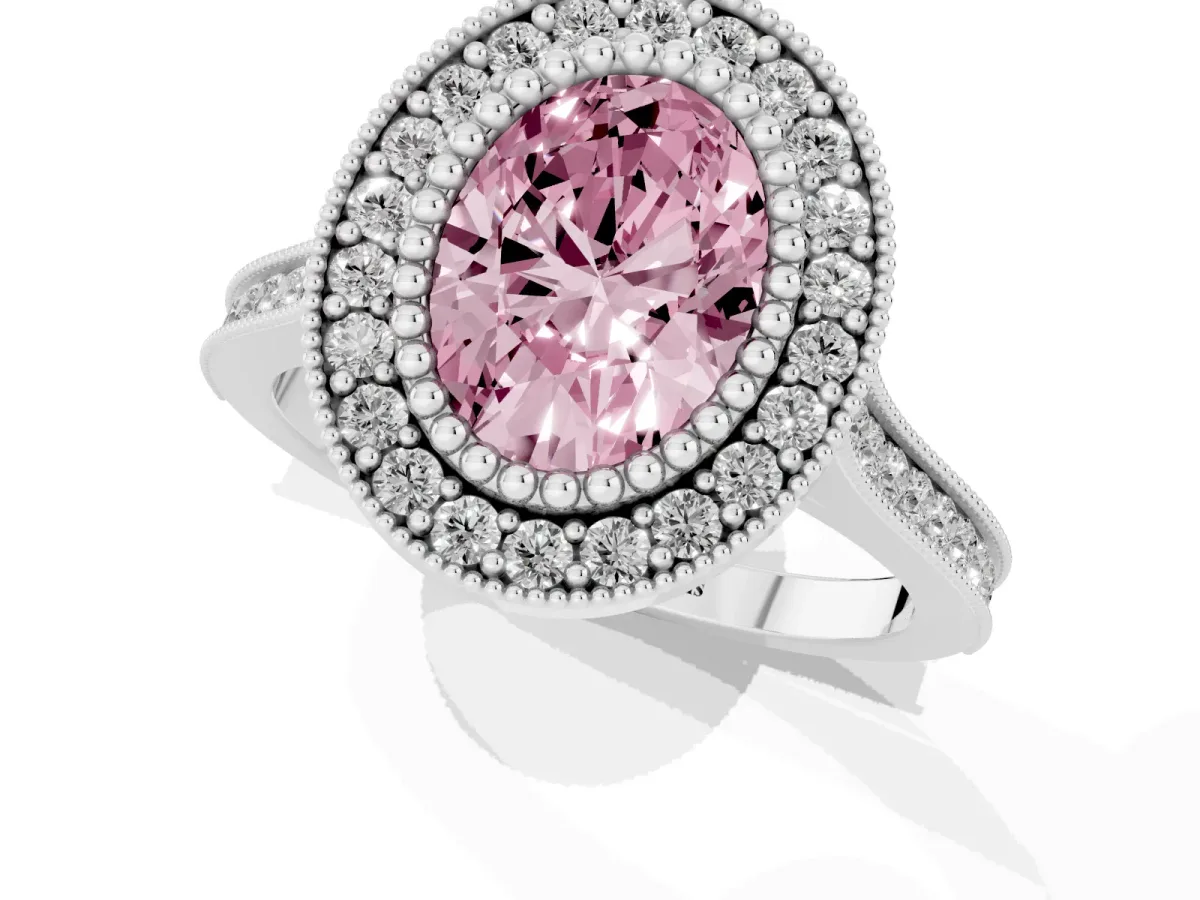 Fancy Pink Oval Cut Diamond Halo Ring with Milgrain Frame and Pavé Band Silver
