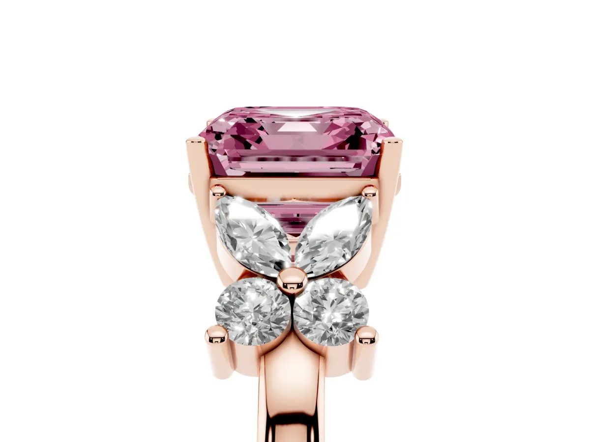 Fancy Pink Asscher Cut Diamond Floral Cluster Ring with Solitaire Band and Prong Setting Rose gold