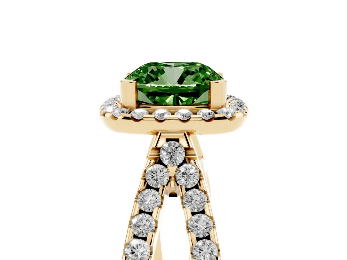 Fancy Green Cushion Cut Diamond Halo Ring with Split Shank Pavé Band and Prong Setting Yellow gold