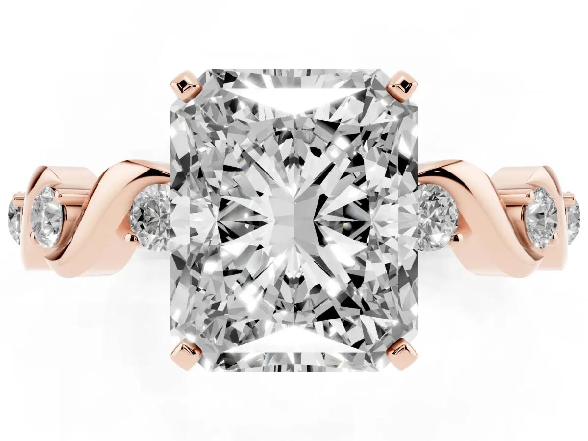 Radiant Cut Diamond Solitaire Twisted Band with Round Accents and Prong Setting Rose gold