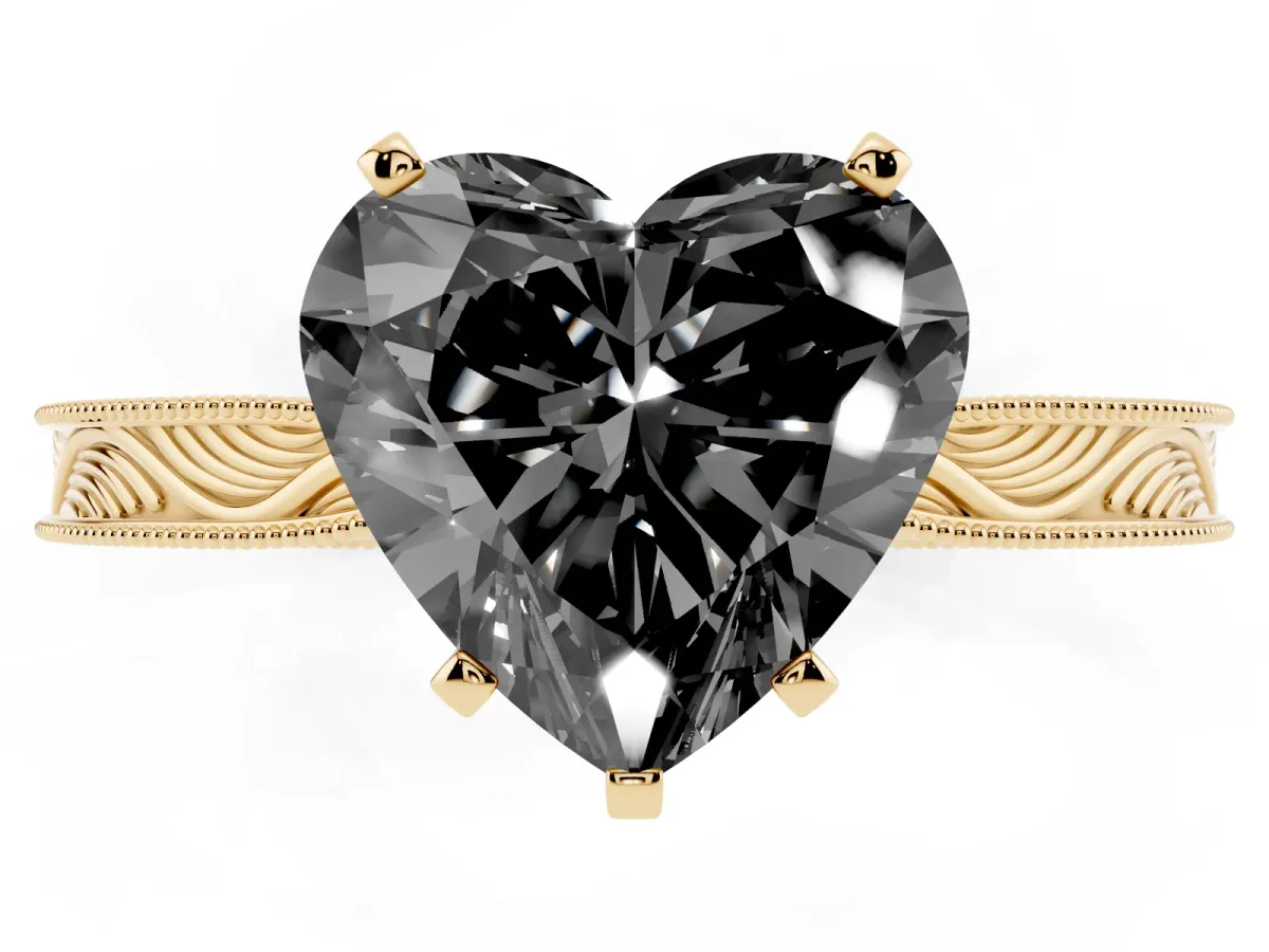 Fancy Black Heart Cut Solitaire Milgrain Engraved Band with Four-Prong Setting Yellow gold