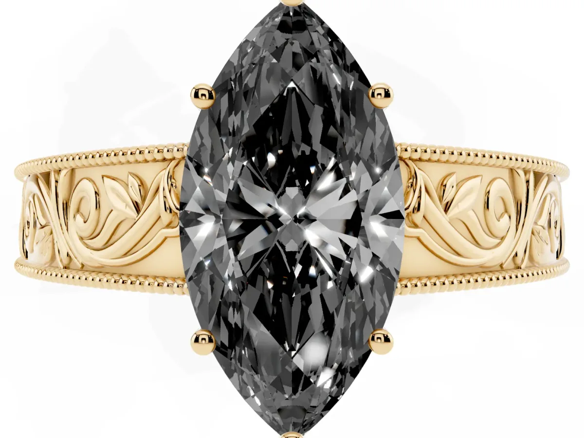 Fancy Black Marquise Cut Diamond Solitaire Ring with Engraved Band and Four-Prong Setting Yellow gold