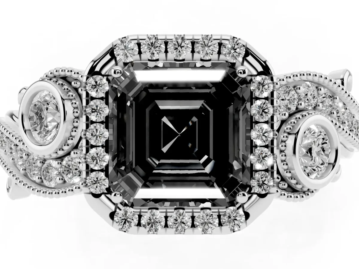 Fancy Black Asscher Cut Halo Diamond Ring with Milgrain and Bezel Accents on a Split Shank Band Platinum