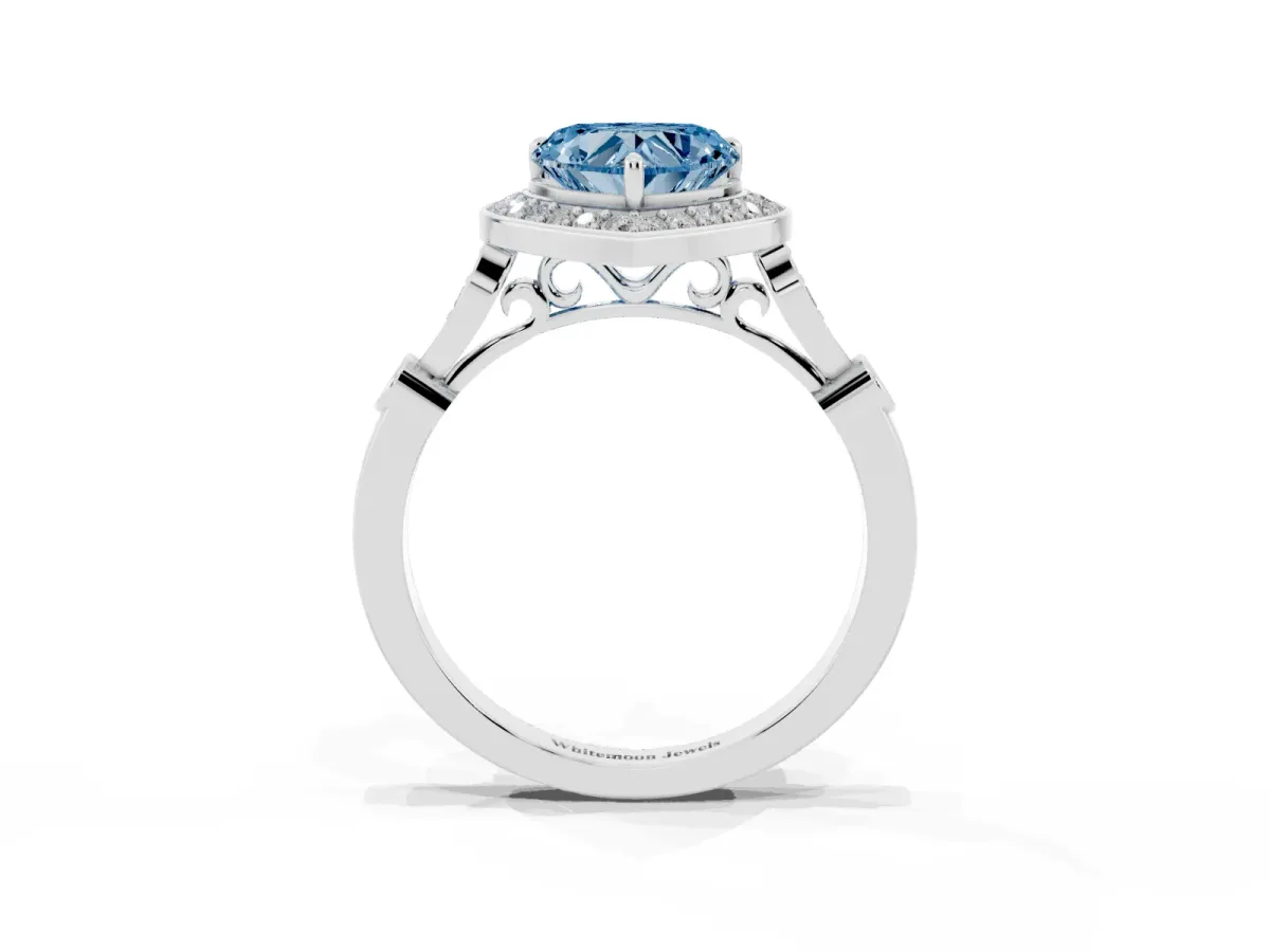 Fancy Blue Heart Cut Halo Diamond Engagement Ring with Twisted Band and Four-Prong Setting Platinum