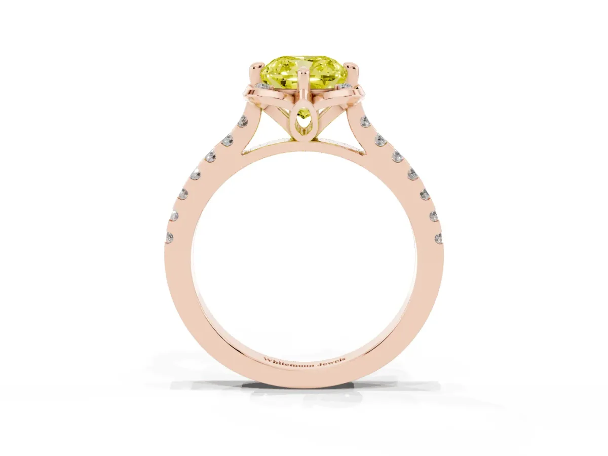 Fancy Yellow Cushion Cut Diamond Ring with Pavé Band and Floral Prong Setting Rose gold