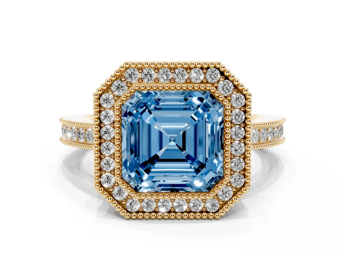 Fancy Blue Asscher Cut Cut Halo Diamond Ring with Pavé Band and Milgrain Prong Setting Yellow gold