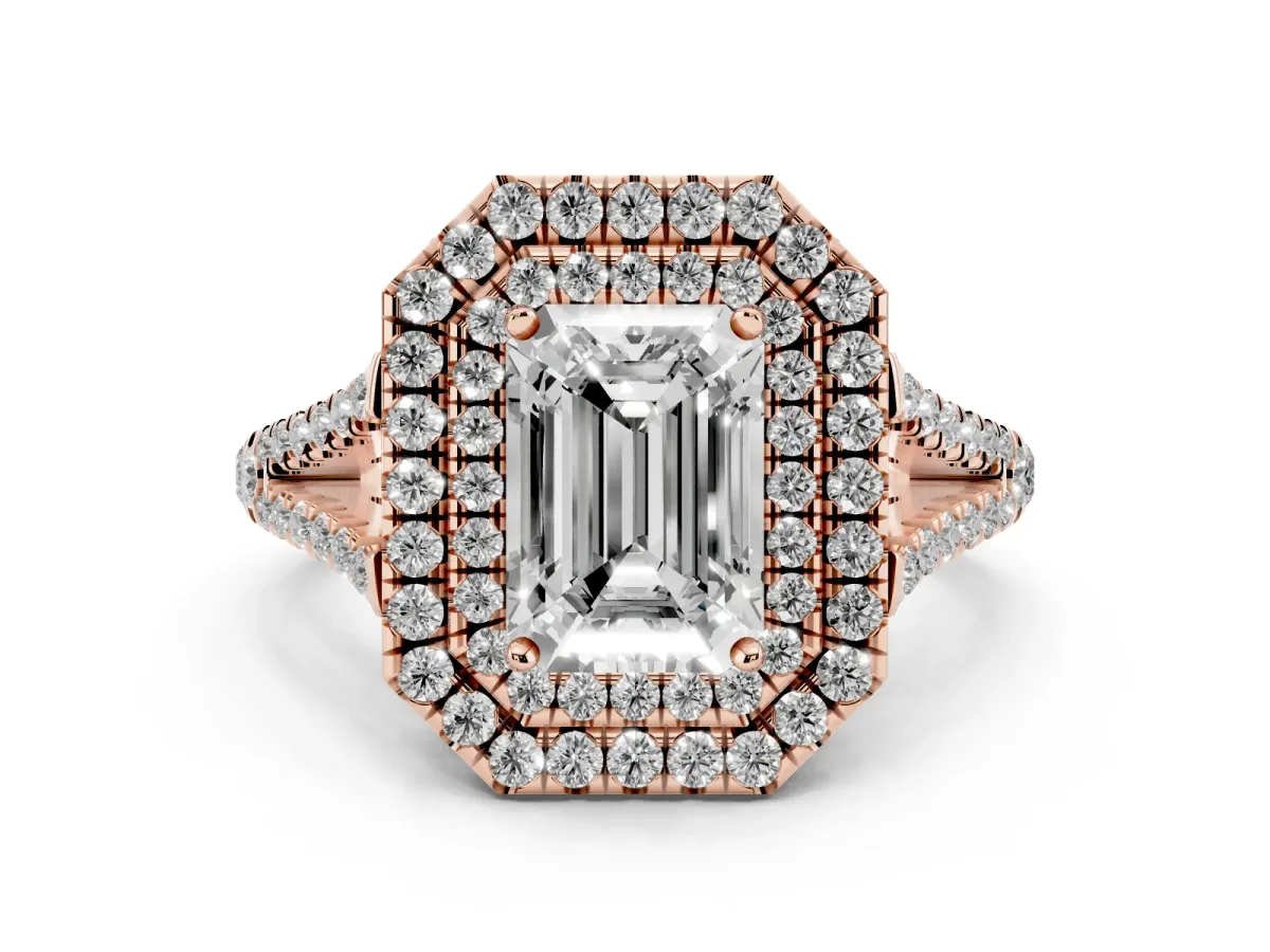 Emerald Cut Diamond Double Halo Ring with Pavé Band and Prong Setting Rose gold