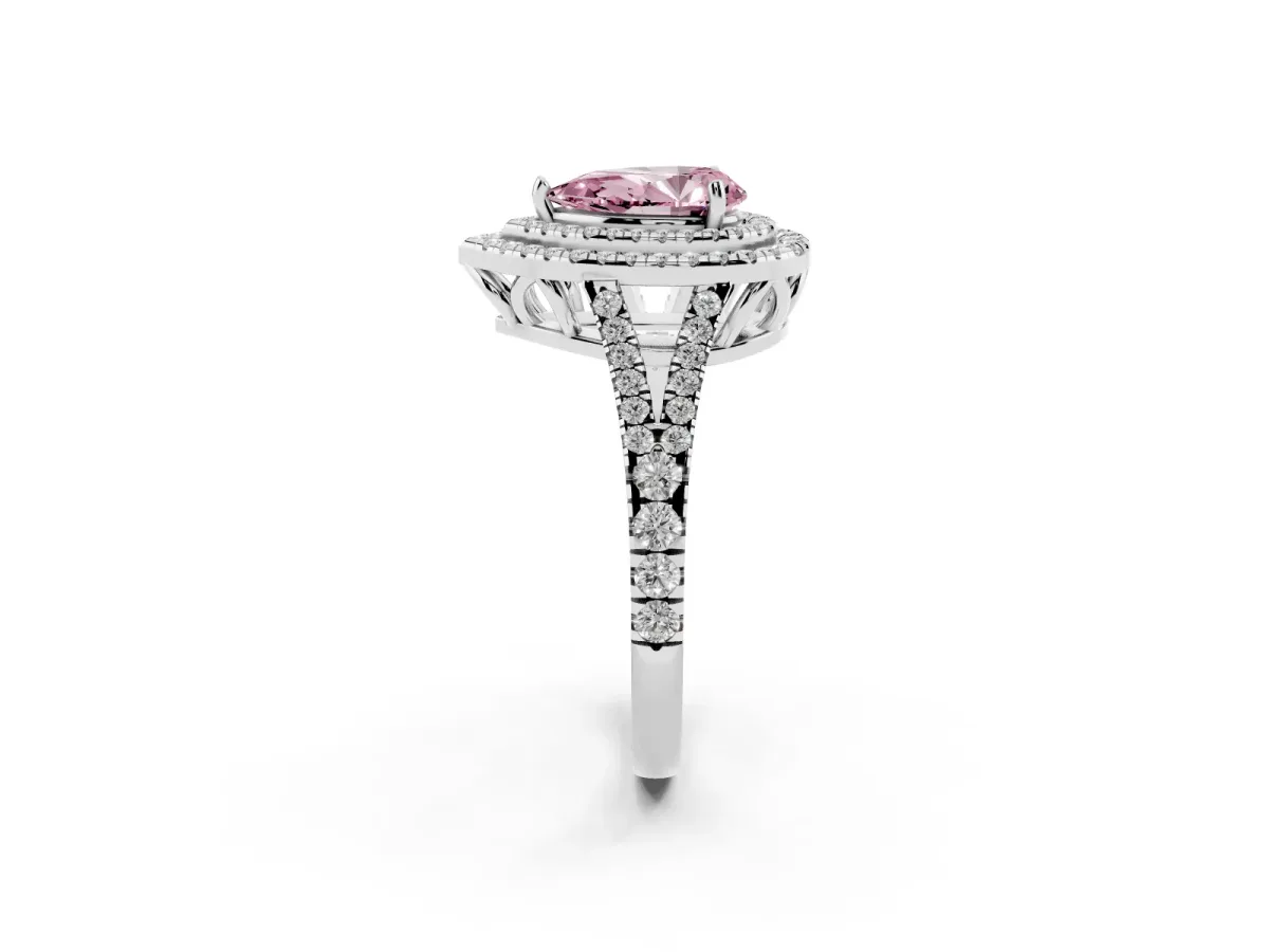 Fancy Pink Pear Cut Diamond Double Halo Ring with Pavé Band and Prong Setting Platinum