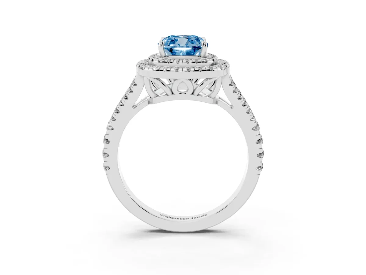 Fancy Blue Cushion Cut Diamond Double Halo Ring with Pavé Band and Prong Setting Silver
