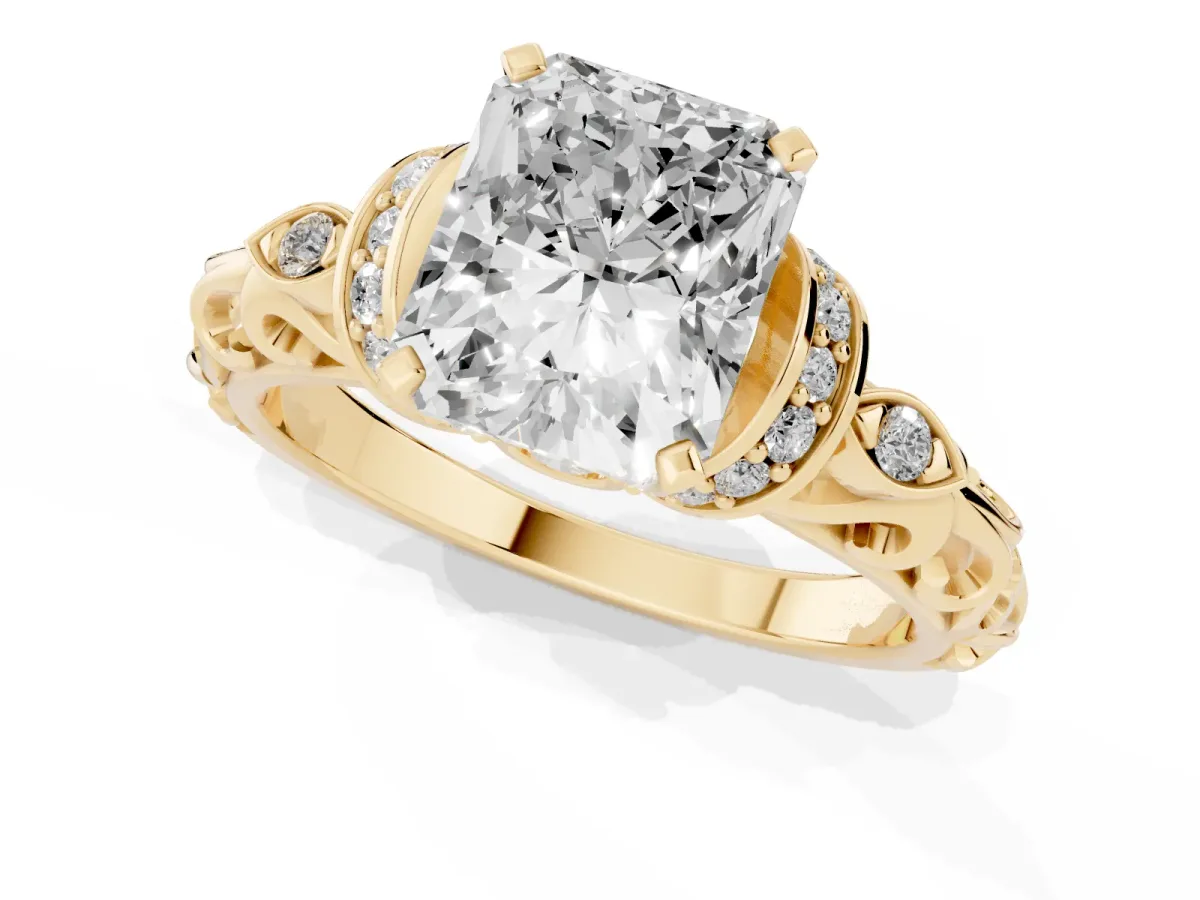 Radiant Cut Diamond Solitaire Ring with Filigree Band and Four-Prong Setting Yellow gold