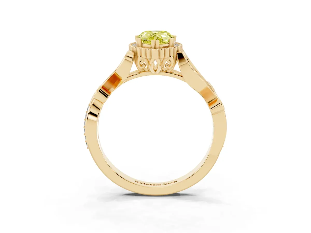 Fancy Yellow Pear Cut Diamond Halo Ring with Vintage Split Shank and Four-Prong Setting Yellow gold