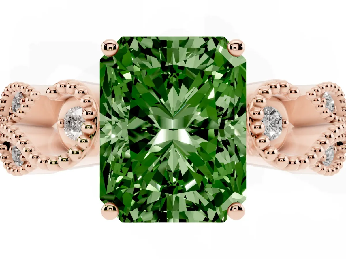 Fancy Green Princess Cut Solitaire Milgrain Leaf Band with Prong Setting Rose gold