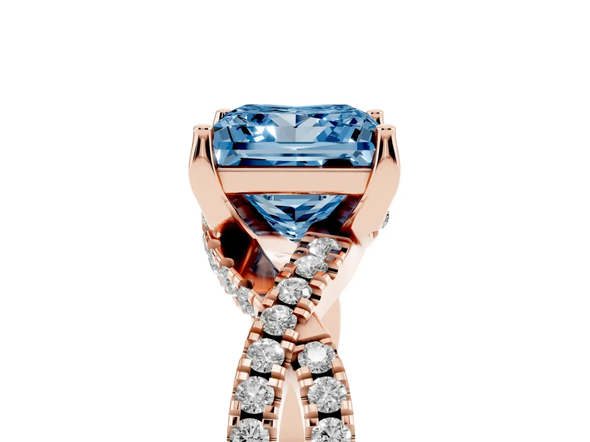 Fancy Blue Princess Cut Solitaire Twist Pave Diamond Engagement Ring with Prong Setting Rose gold