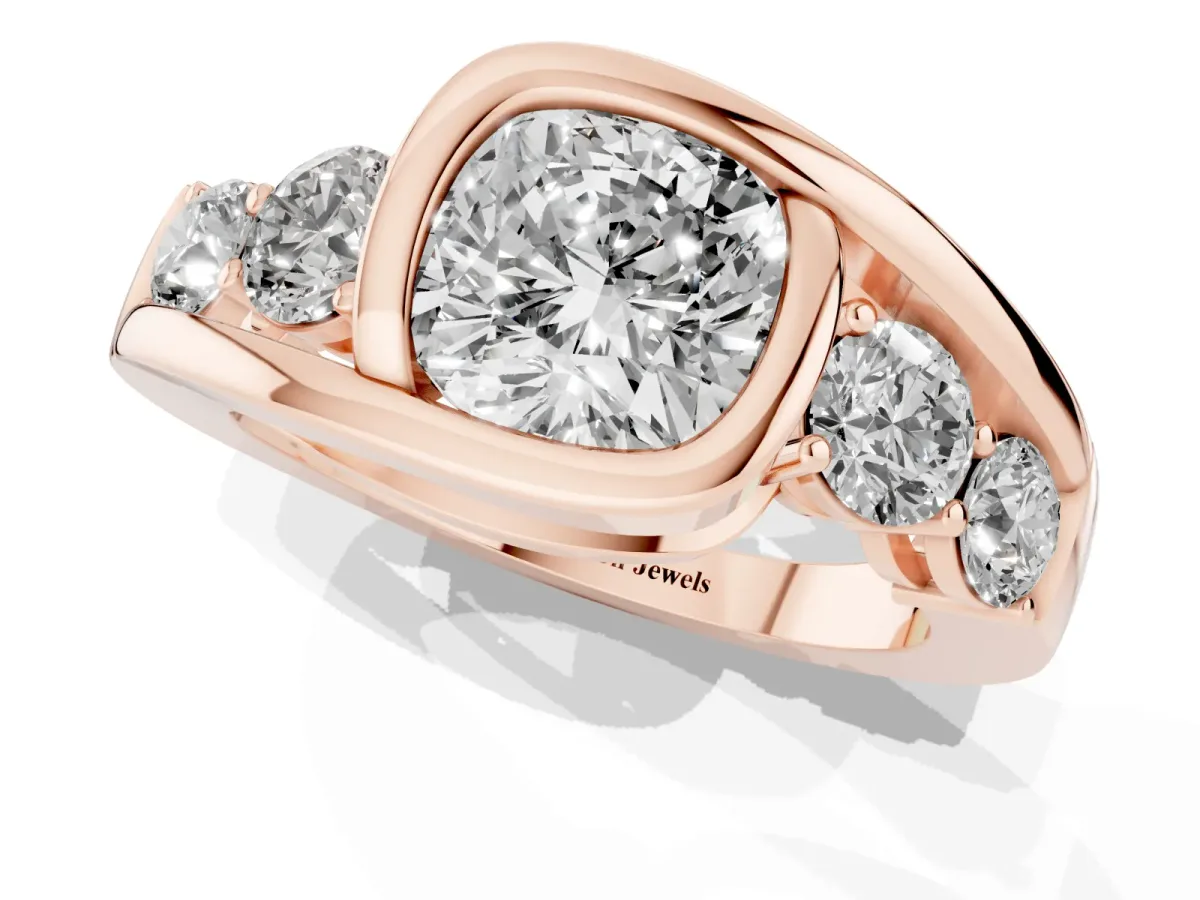 Bezel Set Cushion Cut Diamond Bypass Ring with Round Accents Rose gold
