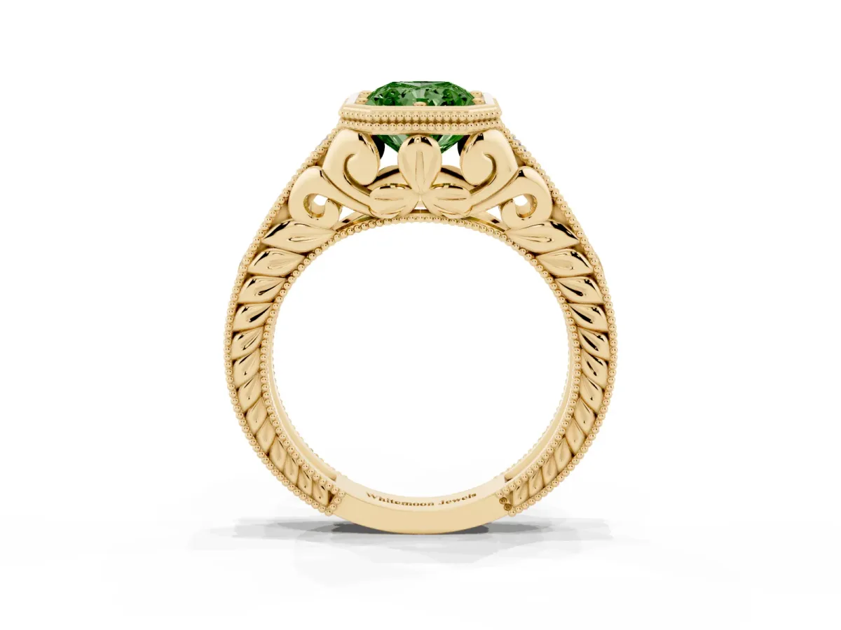 Fancy Green Bezel Set Radiant Cut Diamond Milgrain Pave Engagement Ring Yellow gold