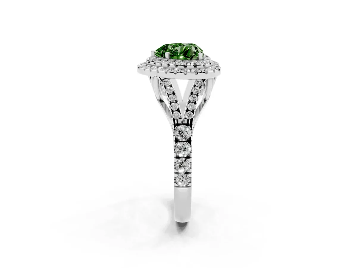 Fancy Green Heart Cut Cut Double Halo Split Shank Diamond Ring with Prong Setting Platinum