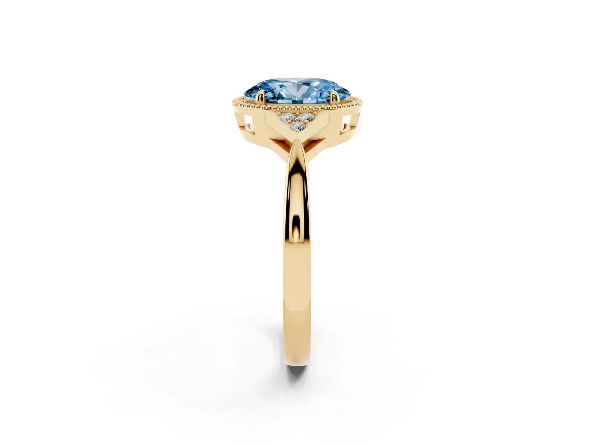 Fancy Blue Hexagonal Halo Oval Cut Diamond Solitaire with Pavé Band and Four-Prong Setting Yellow gold