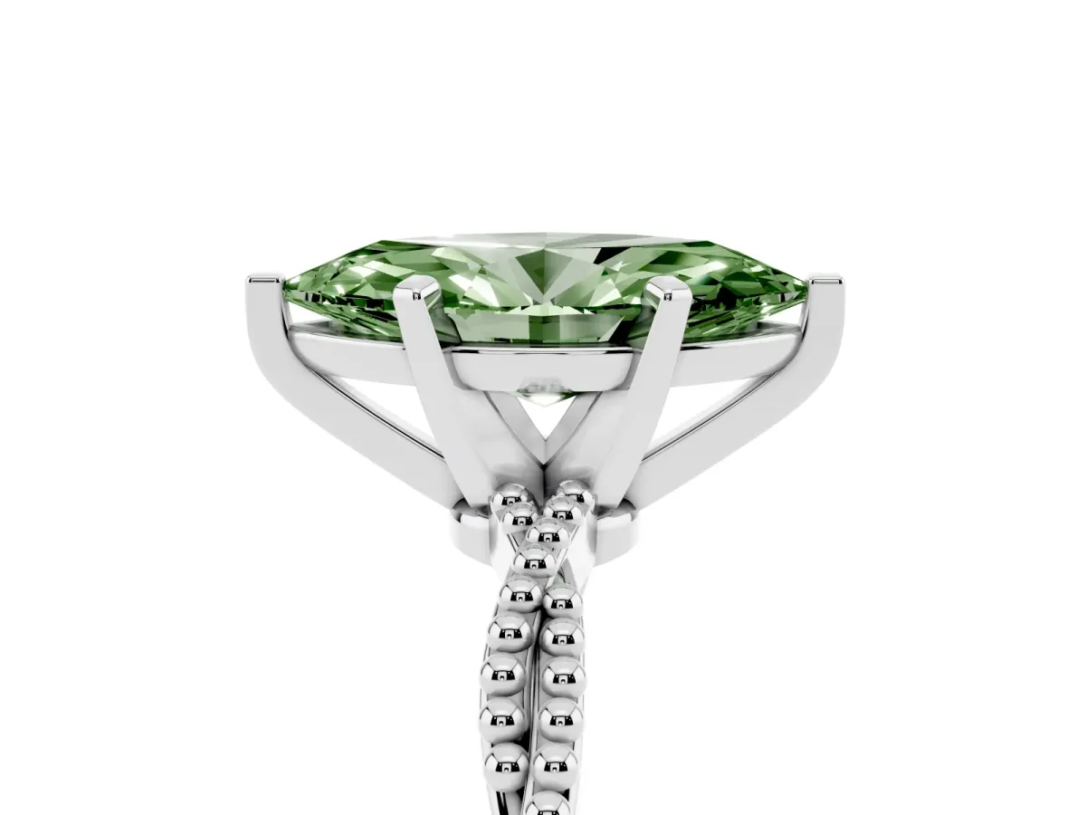 Fancy Green Marquise Cut Solitaire Twisted Band with Bead Prong Setting Platinum