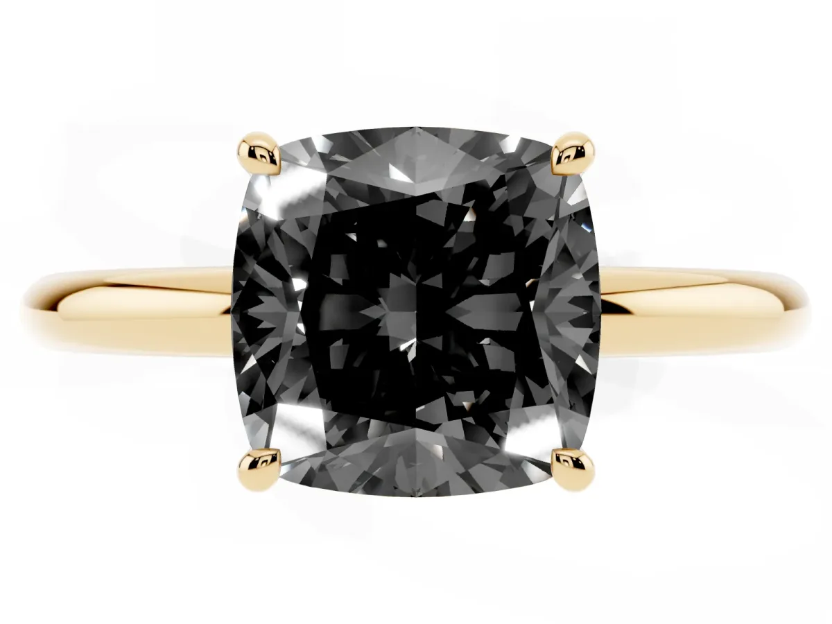 Fancy Black Cushion Cut Diamond Solitaire Ring with Thin Band and Four-Prong Setting Yellow gold