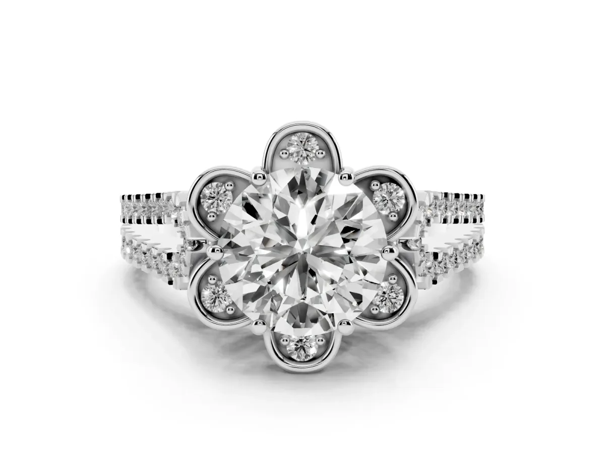Round Cut Halo Diamond Floral Split Shank Engagement Ring Silver