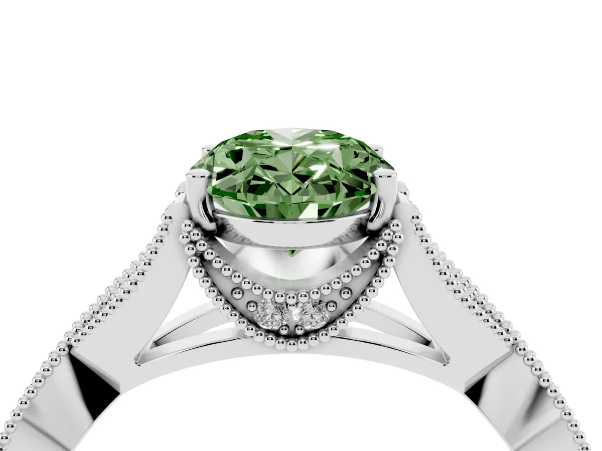 Fancy Green Oval Cut Cut Diamond Twisted Band with Milgrain Pave Setting and Four-Prong Setting Silver