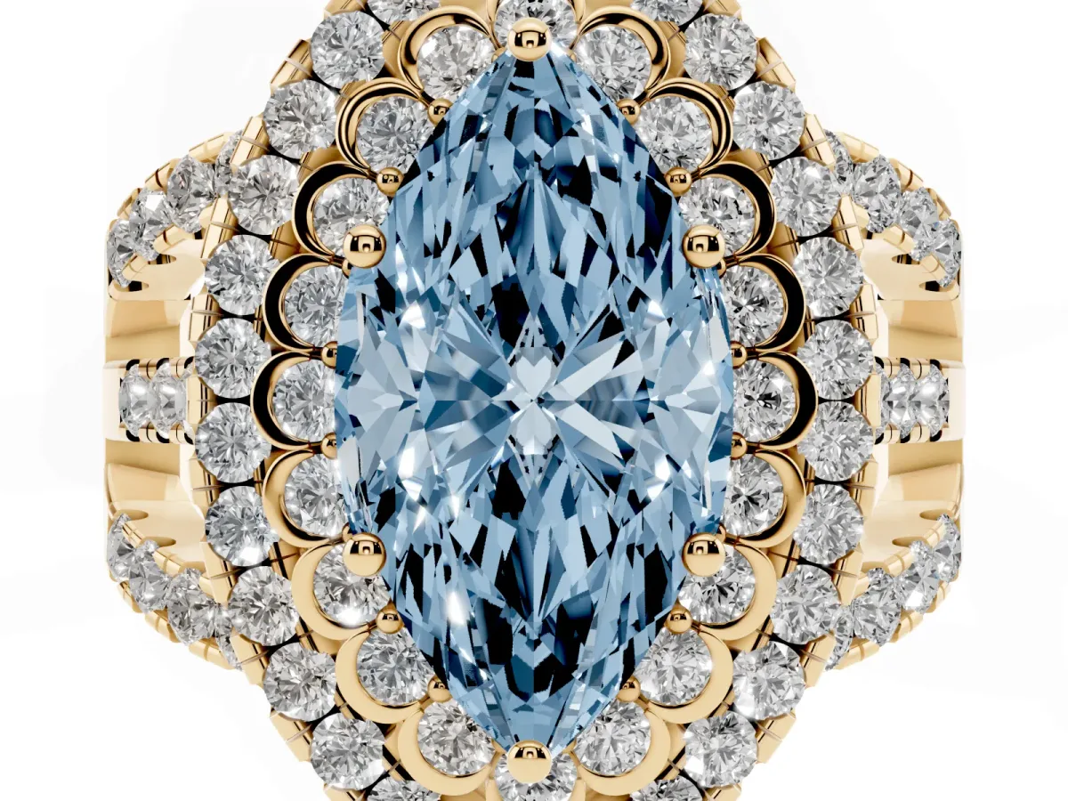 Fancy Blue Marquise Cut Diamond Double Halo Ring with Round Pavé Split Shank and Prong Setting Yellow gold