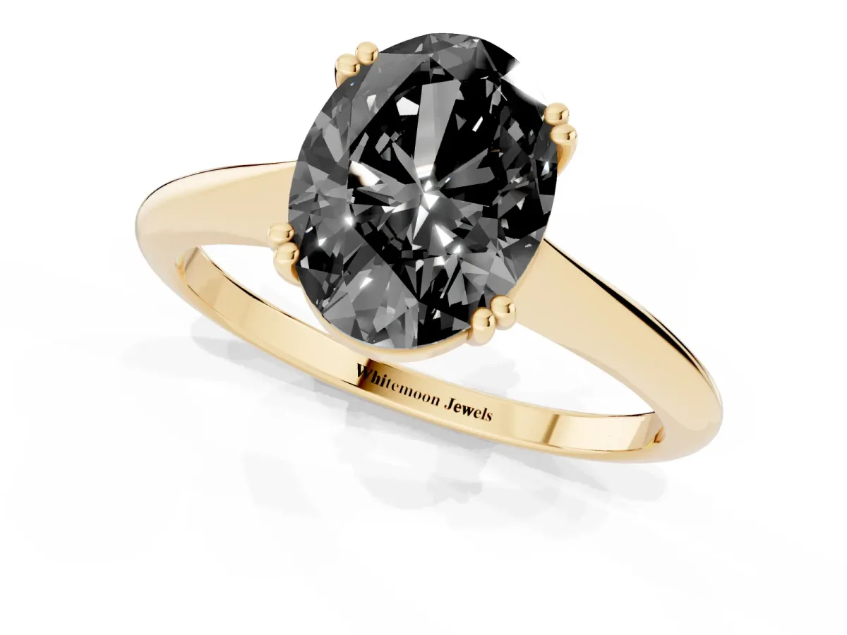 Fancy Black Oval Cut Solitaire Diamond Ring with Six-Prong Setting and Classic Band Yellow gold