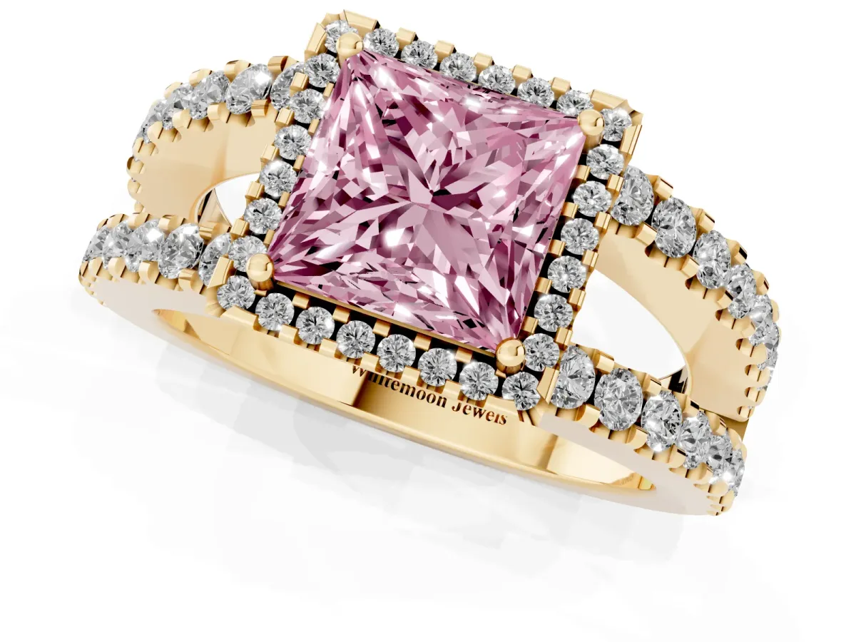 Fancy Pink Princess Cut Cut Halo Split Shank Diamond Ring with Four-Prong Setting Yellow gold
