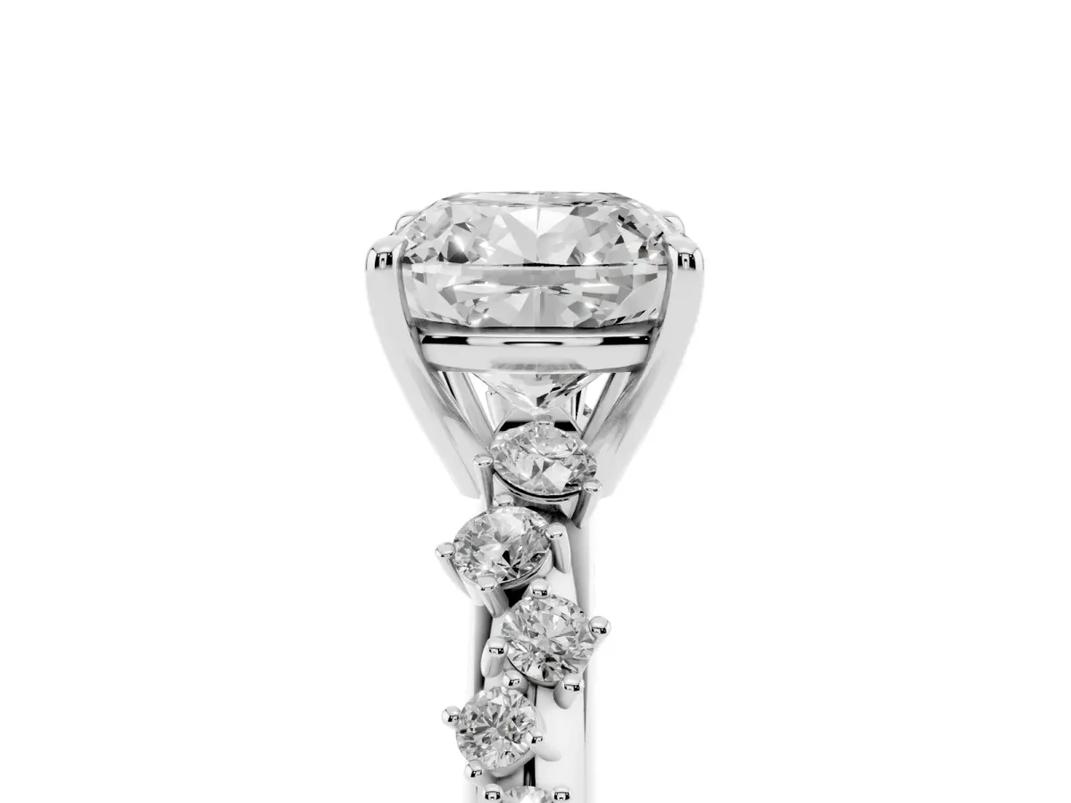 Cushion Cut Diamond Cluster Side Stone Solitaire Ring with Prong Setting Silver