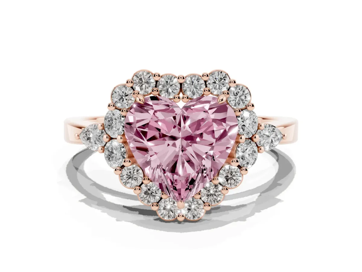 Fancy Pink Heart Cut Diamond Halo Ring with Pear Side Stones and Prong Setting Rose gold